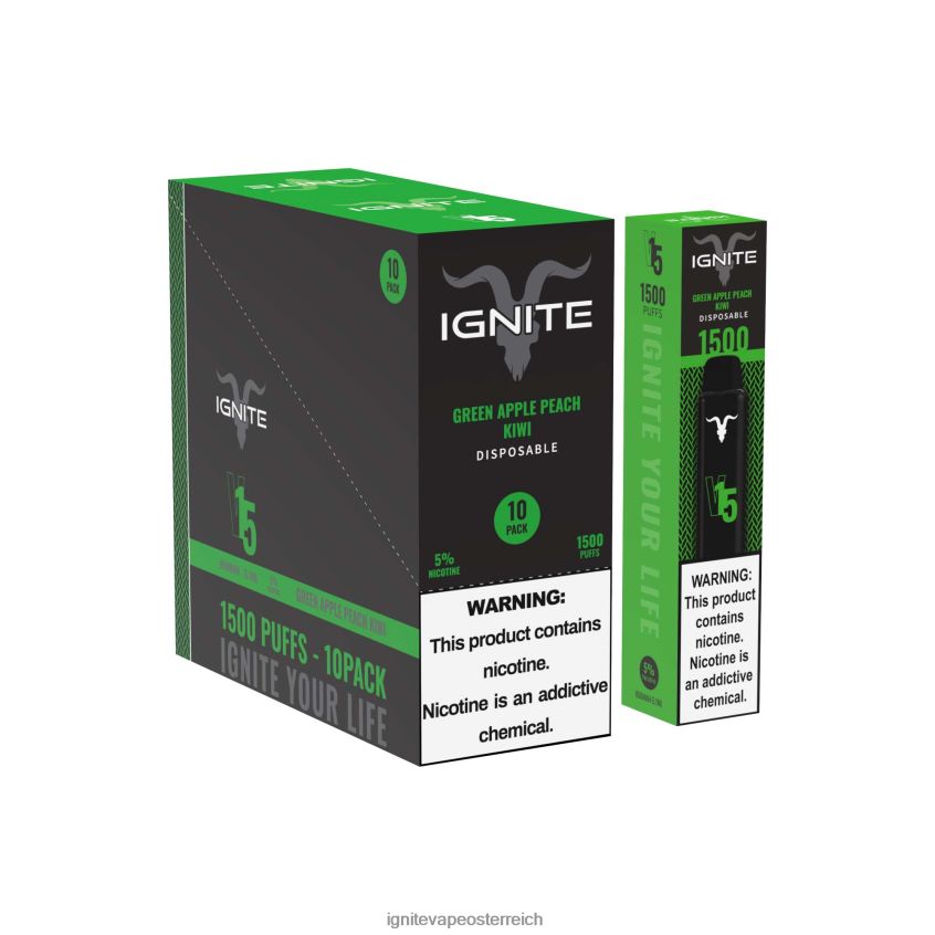 IGNITE Vape Österreich - IGNITE V15 Vape Pen 10er-Pack 02LT00101 grüner Apfel, Pfirsich, Kiwi